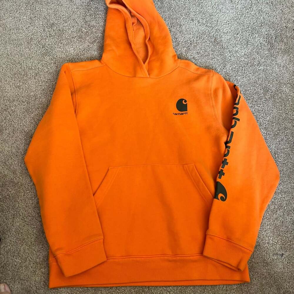 Carhartt Orange Graphic Logo Sleeve Print Fleece Hoodie Boys XL 18/20